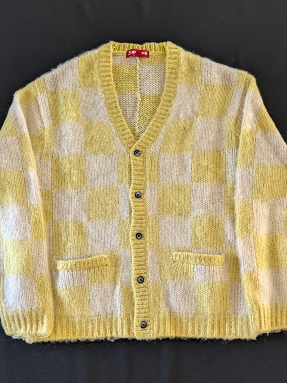 SUPREME Checkerboard Cardigan L Yellow Cream Brushed Wool Mohair Style Knit NWOT
